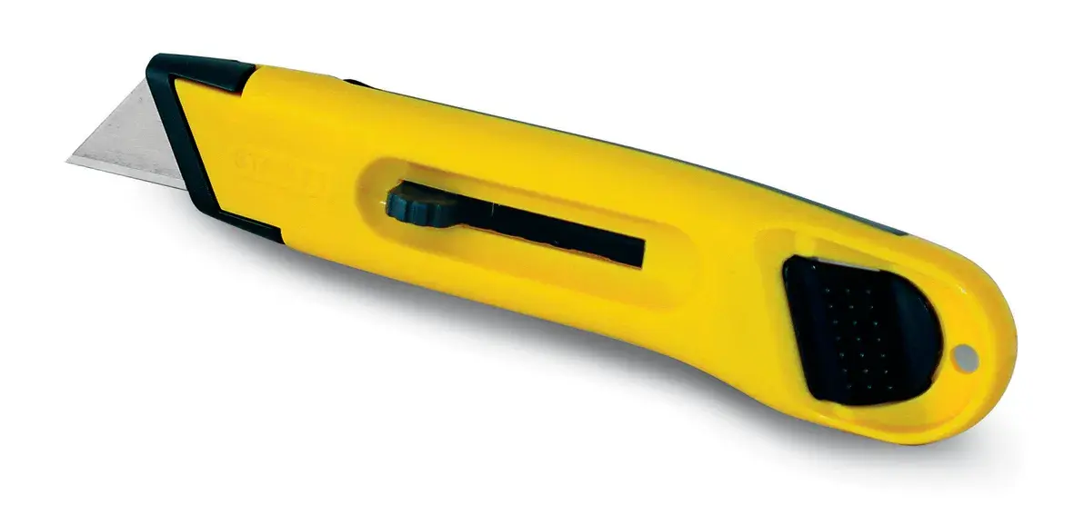 STANLEY 0-10-088 Universalmesser mit gelb-schwarzem Griff, Seitenansicht, einziehbare Klinge, auf weißem Hintergrund.