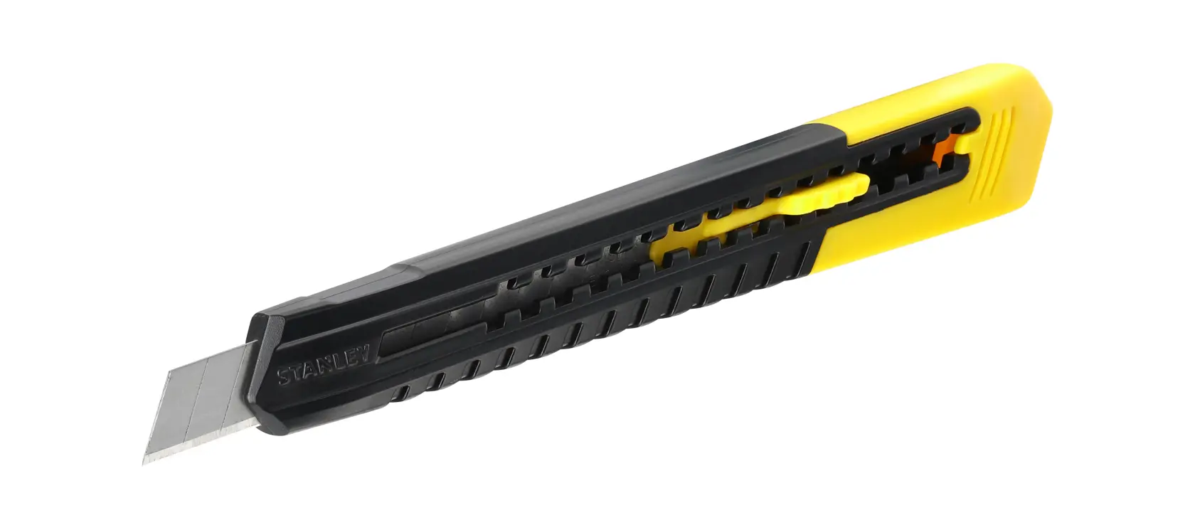 STANLEY 0-10-150 Universalmesser mit gelbem und schwarzem Gehäuse, Seitenansicht auf weißem Hintergrund.