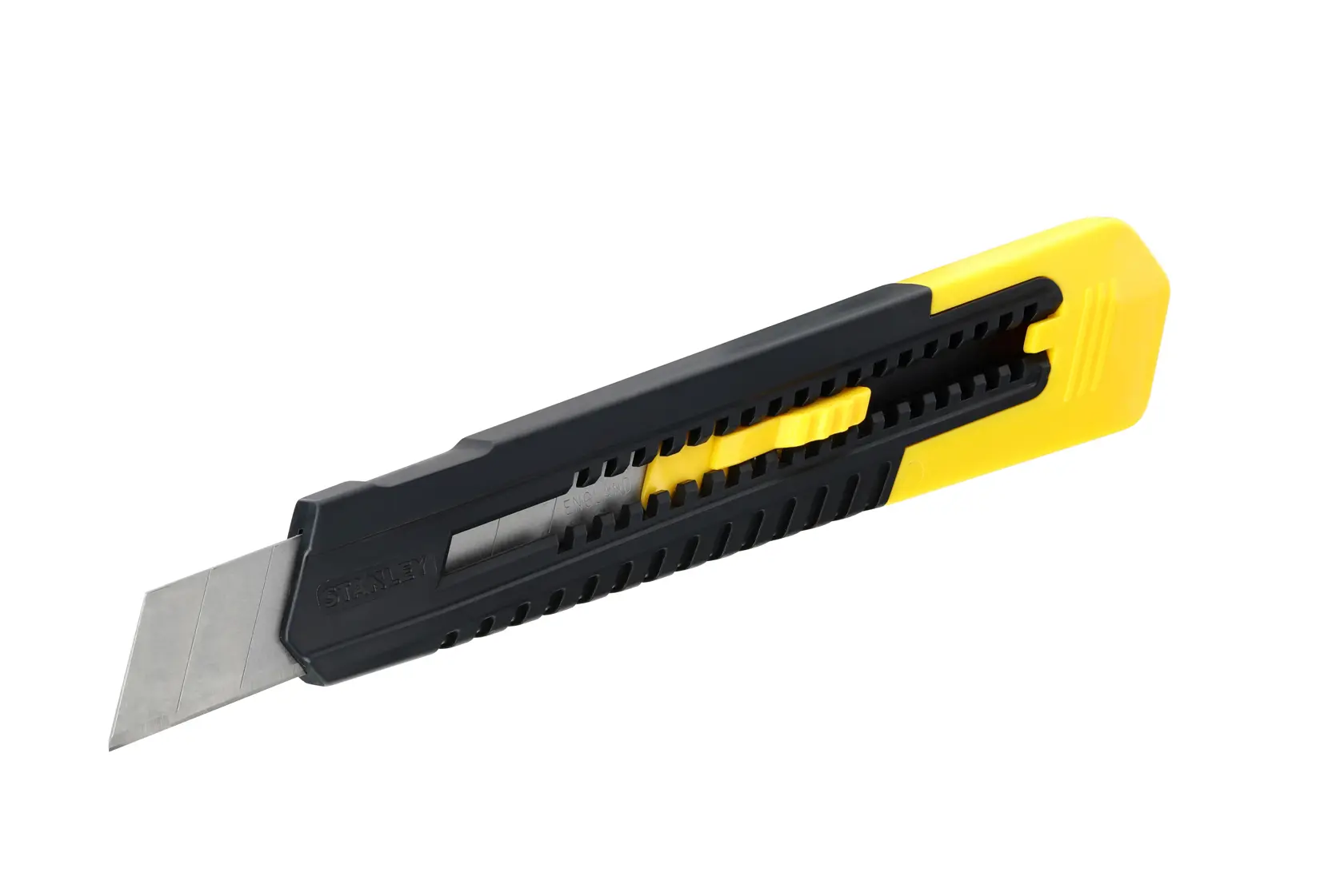 STANLEY 0-10-151 Universalmesser mit schwarz-gelbem Griff, Seitenansicht, weißer Hintergrund.