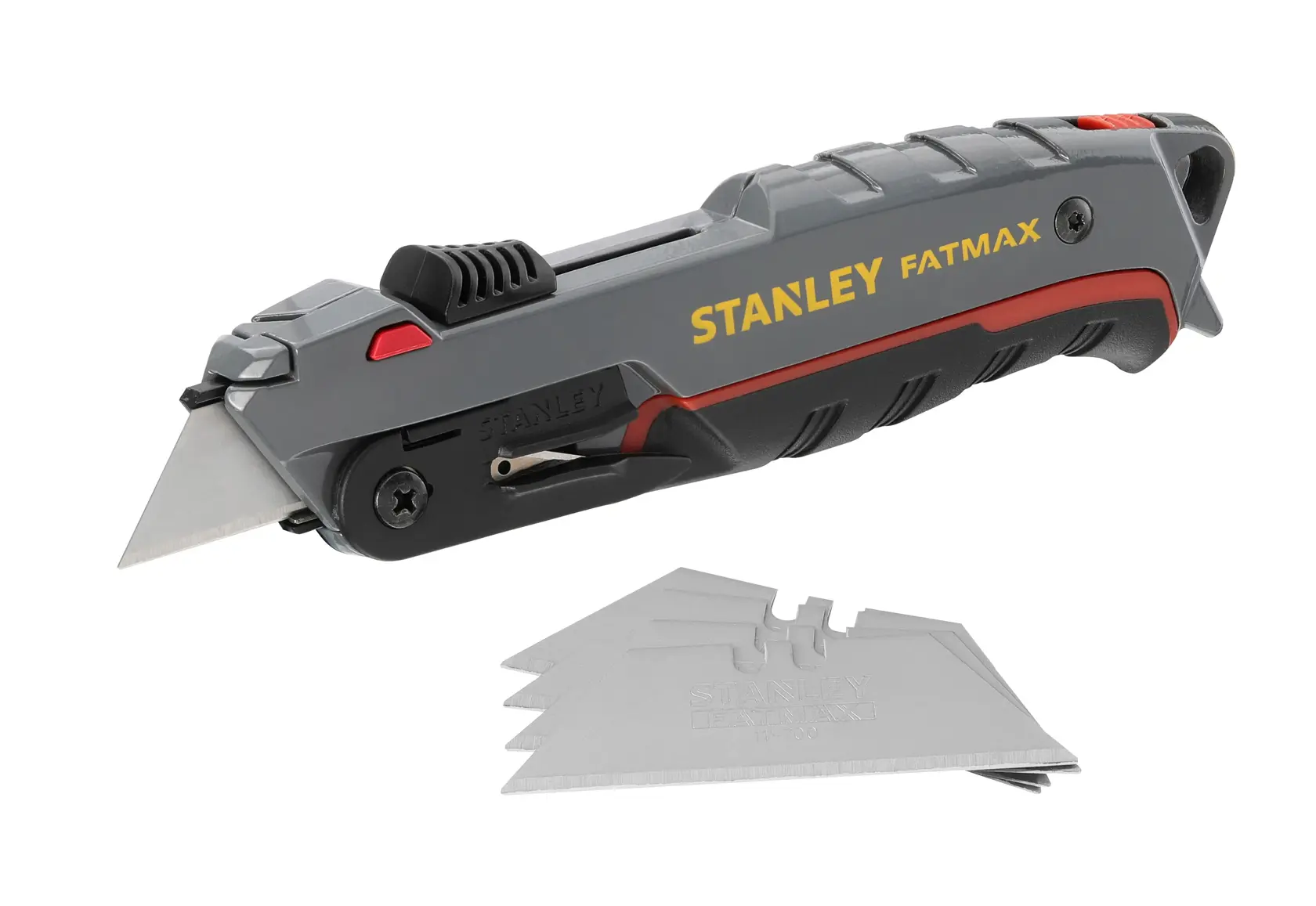 STANLEY 0-10-242 utility knife with gray and black body, yellow logo, and extra blades, side angle on white background.
