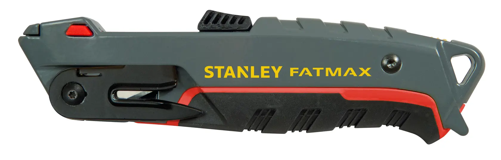 Photo of STANLEY 0-10-242 utility knife, grey and black with red accents, side view on white background.