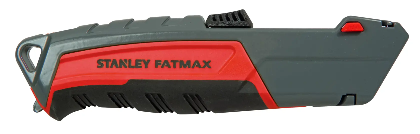 Photo of STANLEY 0-10-242 utility knife with grey and red handle, side angle, photography product category.