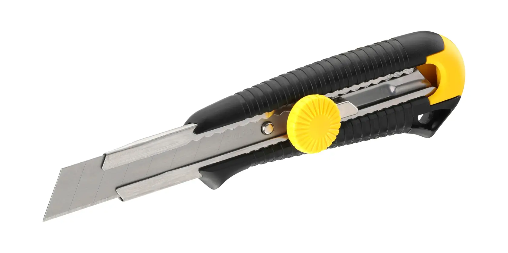 STANLEY 0-10-418 utility knife with black and yellow handle, side angle, retractable segmented blade.