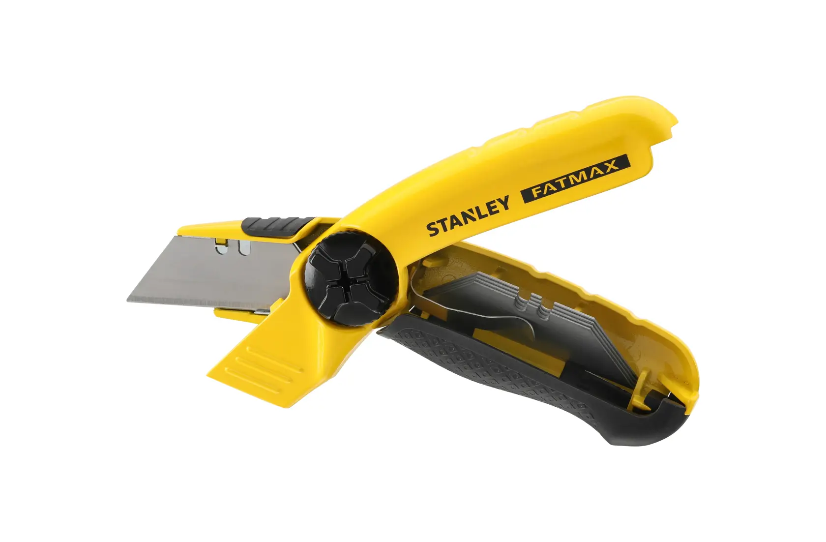 STANLEY 0-10-780 utility knife with yellow and black body, blade extended, white background, side angle.