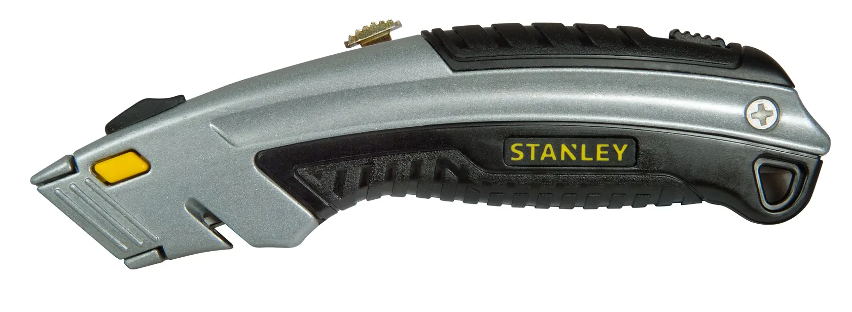 STANLEY 0-10-788 silver and black utility knife, side view, with ergonomic grip, photography on white background.