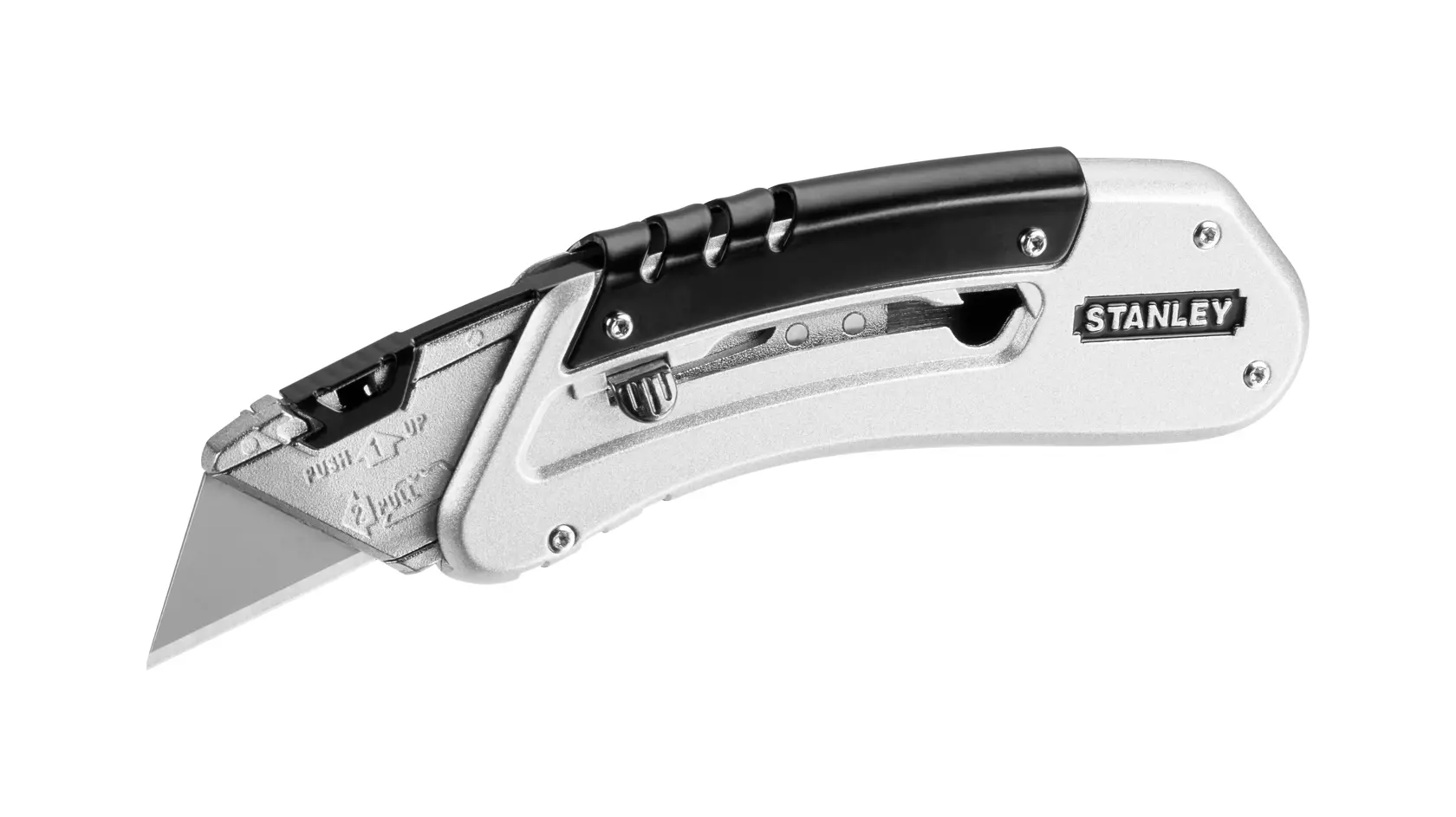STANLEY 0-10-810 Klappbares Universalmesser, silberner und schwarzer Griff, Seitenansicht auf weißem Hintergrund.