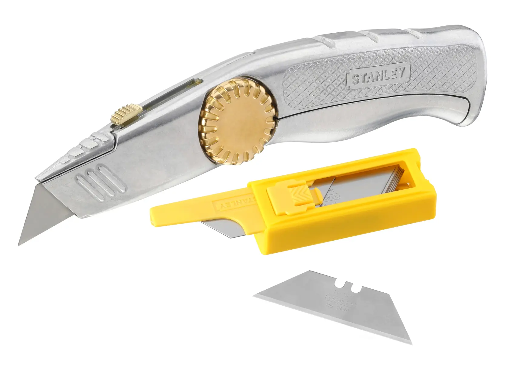 STANLEY 0-10-819 utility knife with metal body, gold adjustment wheel, spare blade dispenser, and extra blade, side angle.