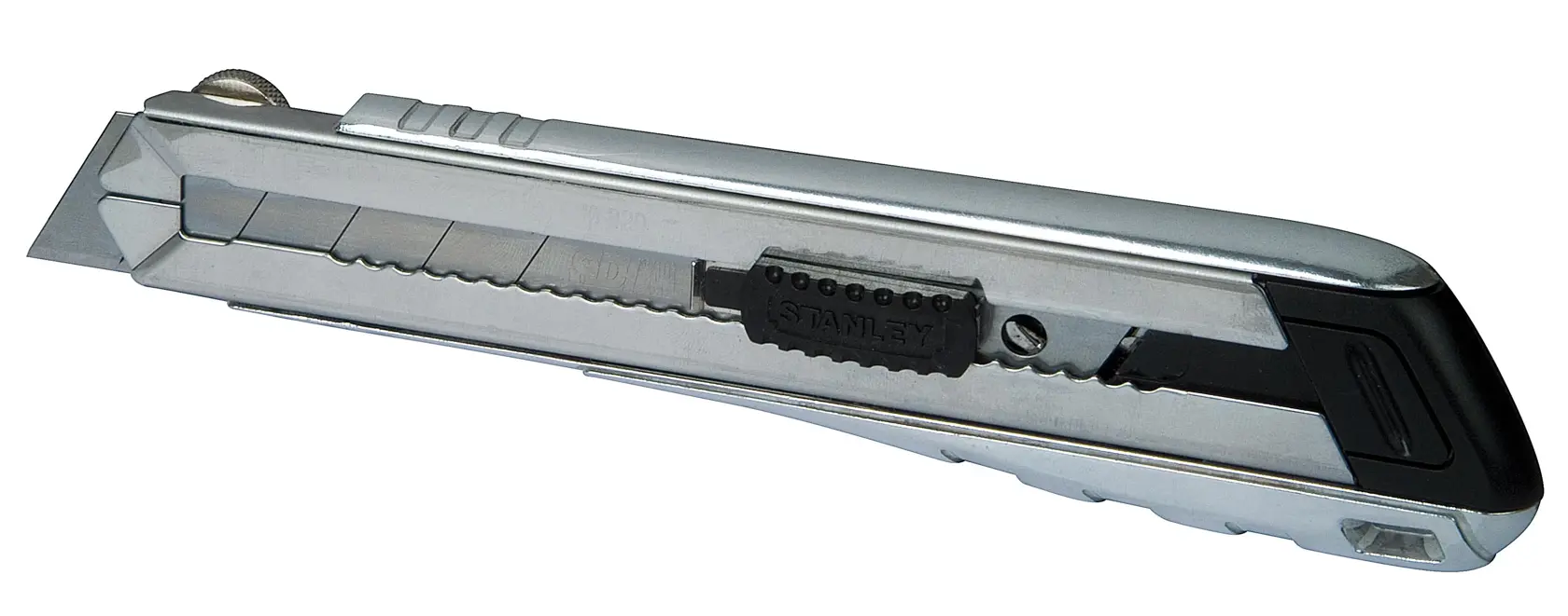 STANLEY 0-10-820 silver utility knife with segmented blade, side view on white background.