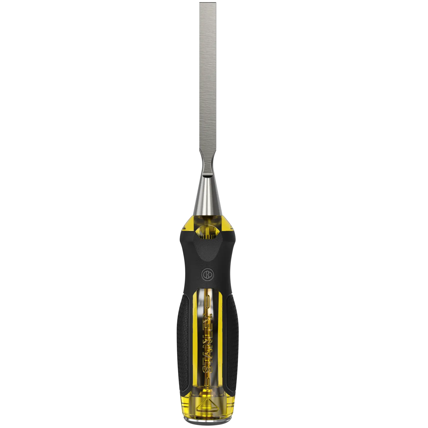 STANLEY 0-16-253 wood chisel with yellow and black handle, front angle on white background.