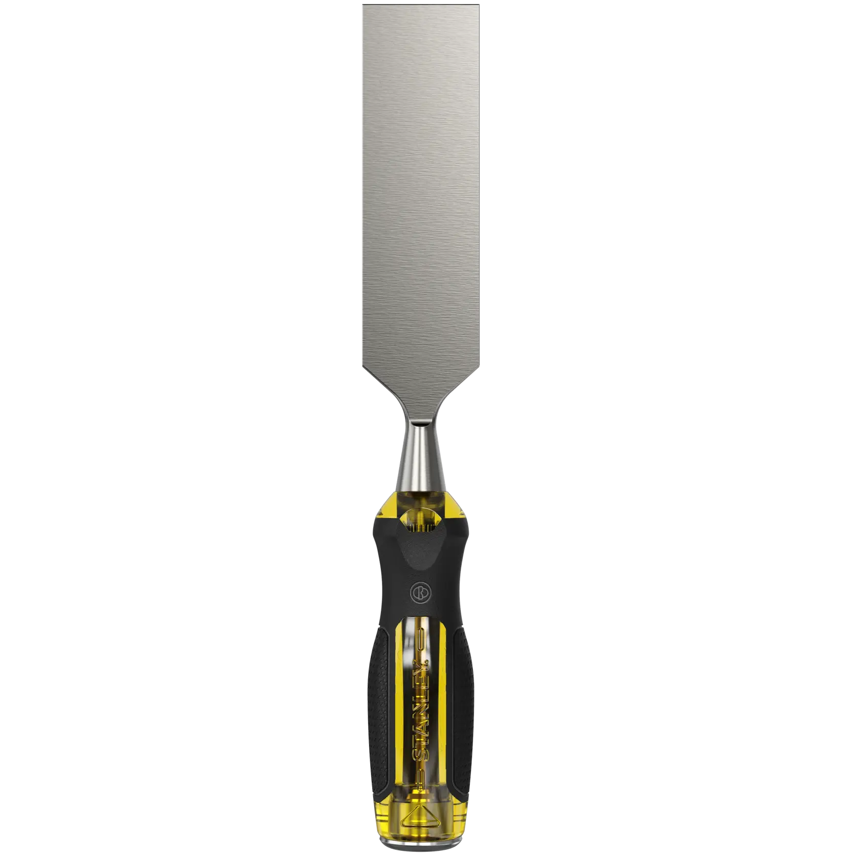 STANLEY 0-16-266 wood chisel with wide steel blade and bi-material black and yellow handle, front view on white.