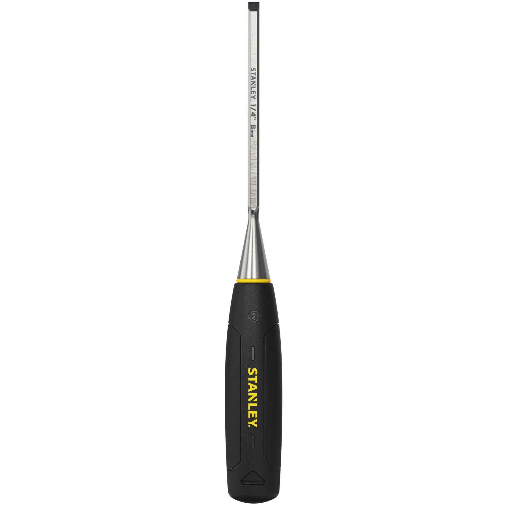 Stanley 1/4 inch chisel with black and yellow handle, metal blade for woodworking and detail work.