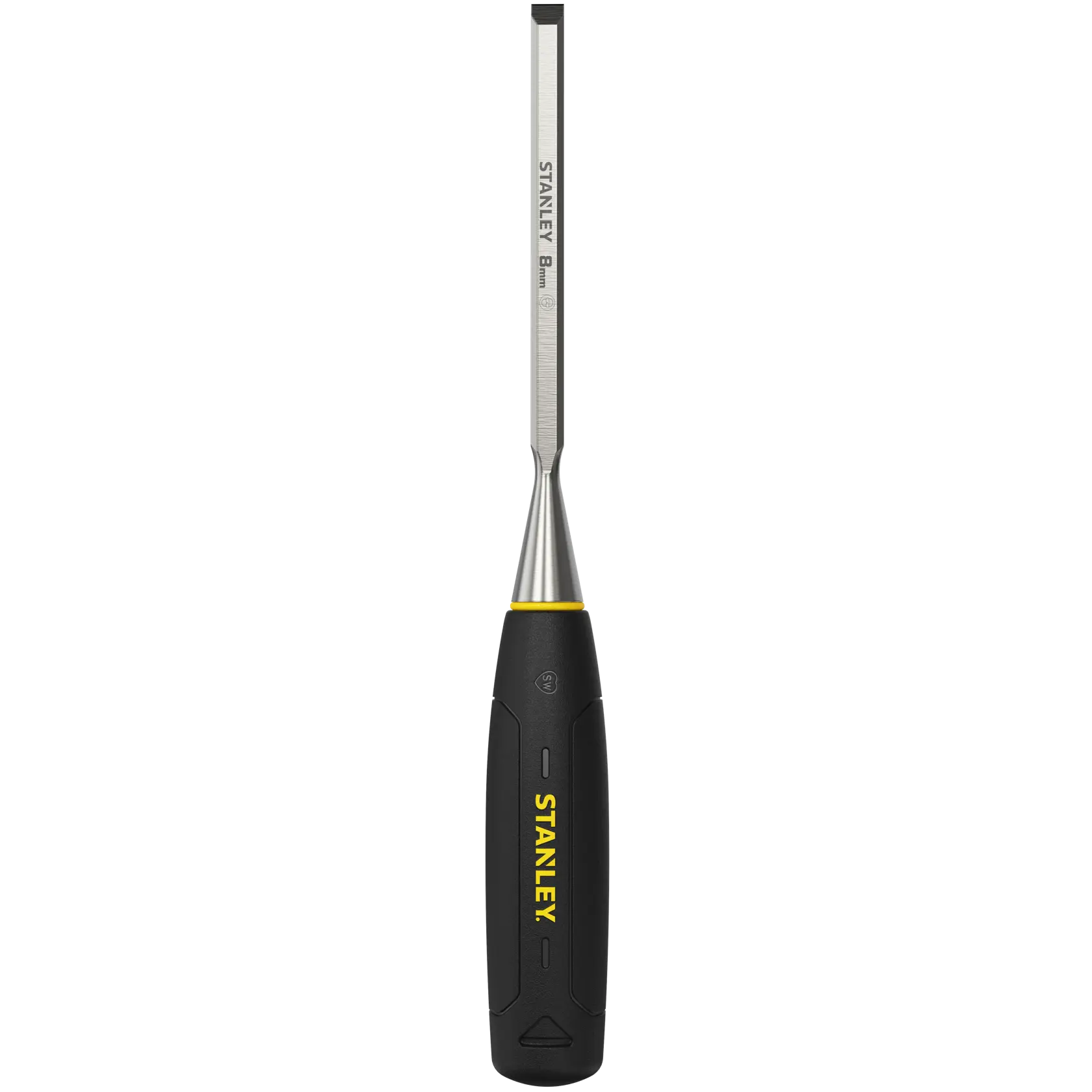 STANLEY 0-16-537 wood chisel with blue handle, bevel edge, side view on white background.