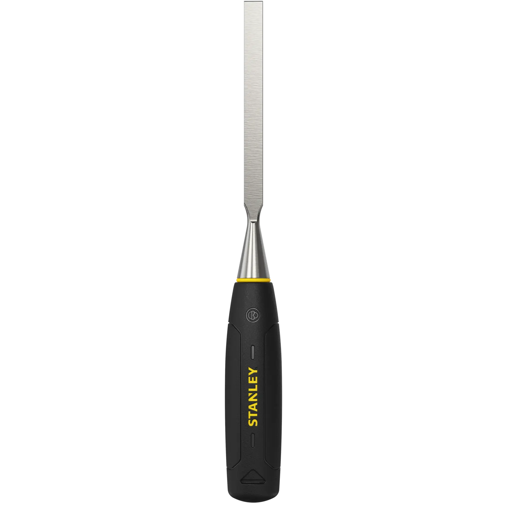 STANLEY 0-16-539 wood chisel with black and yellow handle, front angle, on white background.