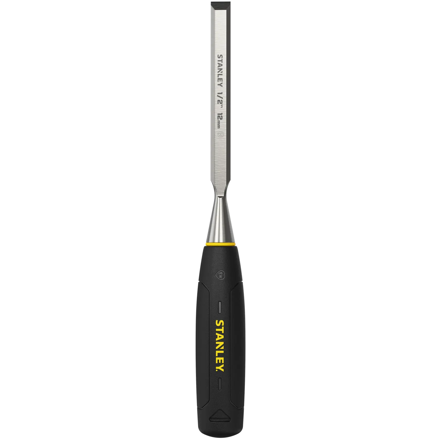 STANLEY 0-16-540 chisel with black handle, photographed front view, steel blade with size marks, on white background.