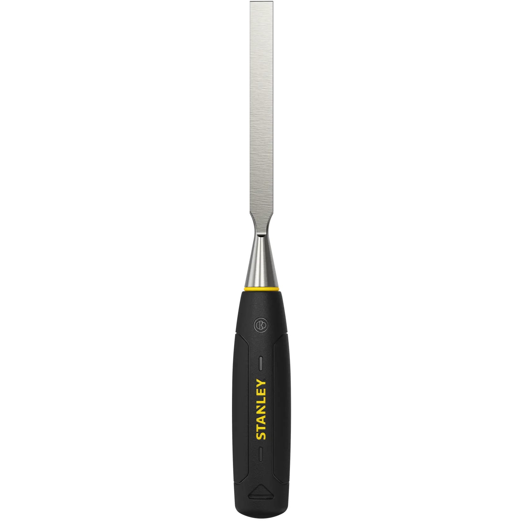 STANLEY 0-16-540 wood chisel with black and yellow handle, straight front view on white background.