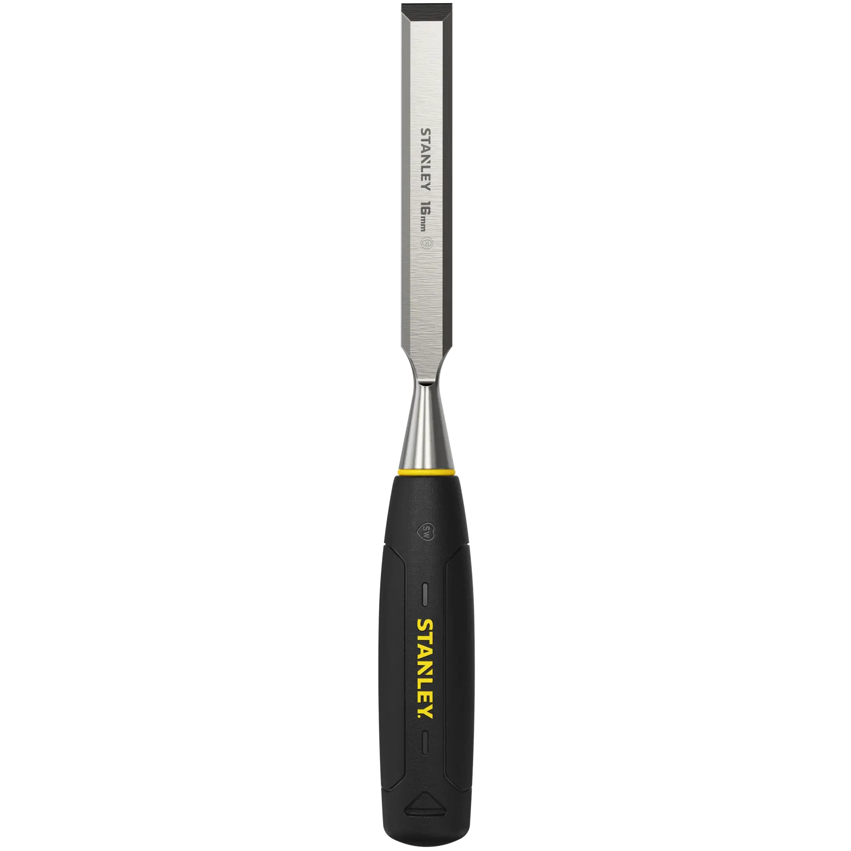 Stanley wood chisel with black and yellow handle, 16mm blade, used for woodworking tasks.