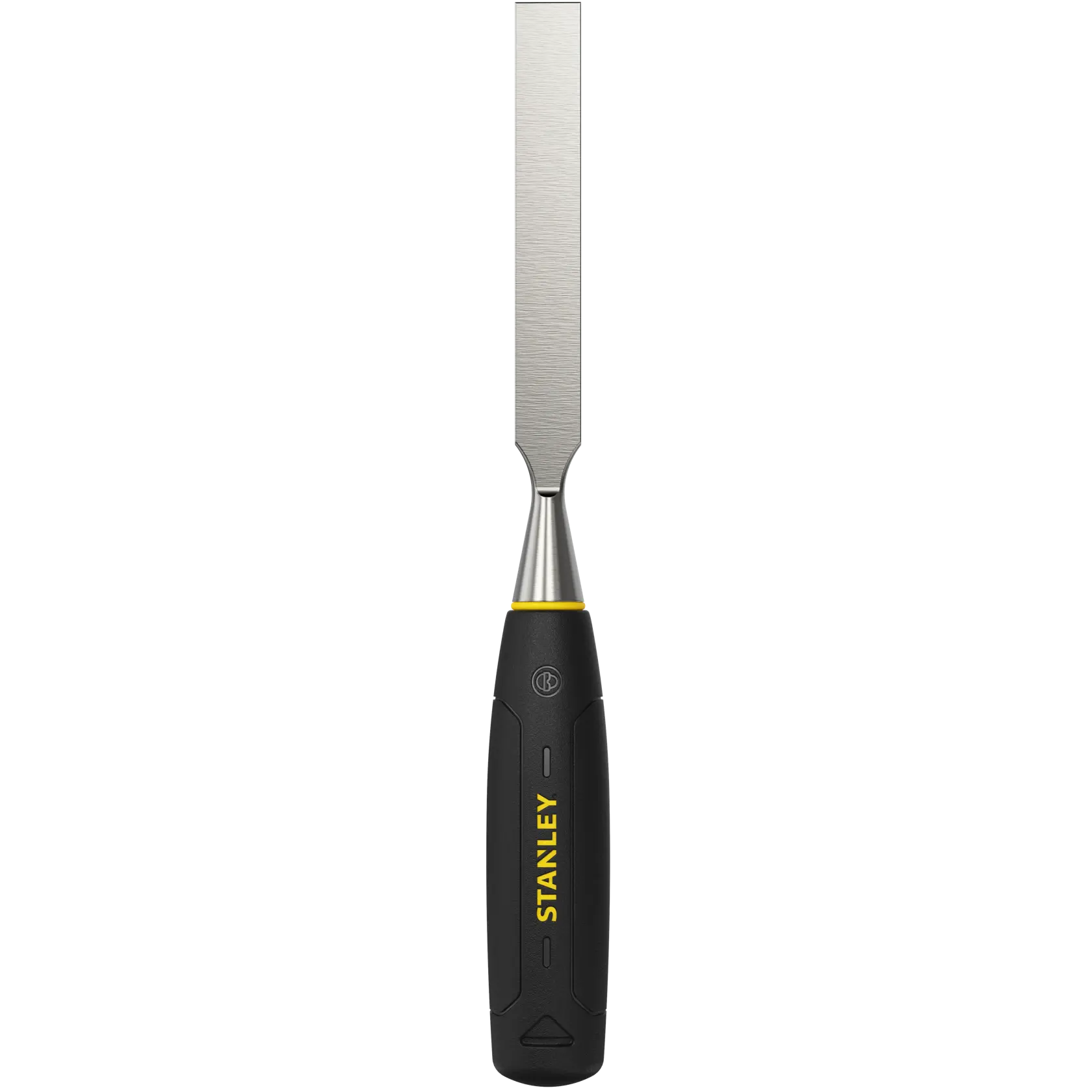Photo of STANLEY 0-16-547 wood chisel with black and yellow handle, front angle on white background.