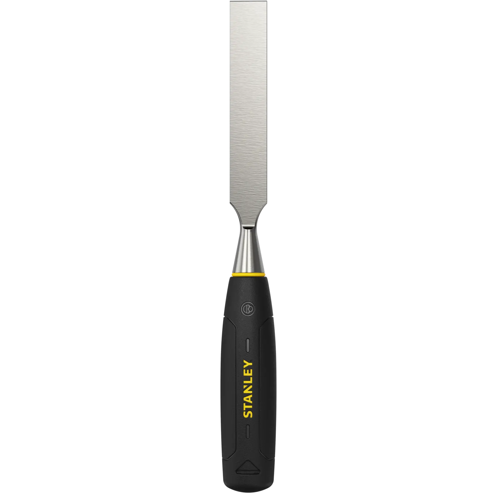 STANLEY 0-16-548 wood chisel with black and yellow ergonomic handle, front angle on white background.
