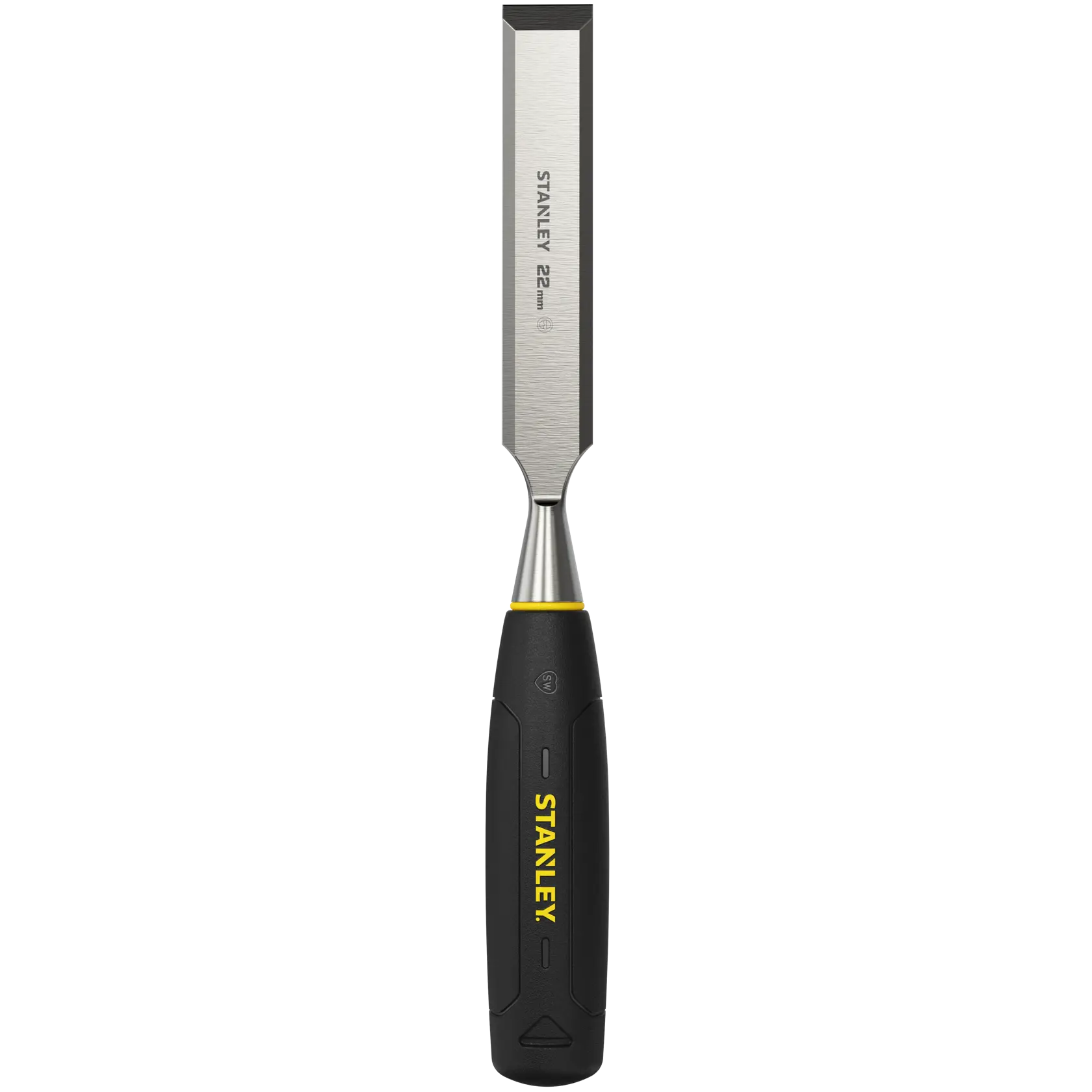 Stanley 22mm wood chisel with black and yellow handle, used for carpentry and woodworking tasks.