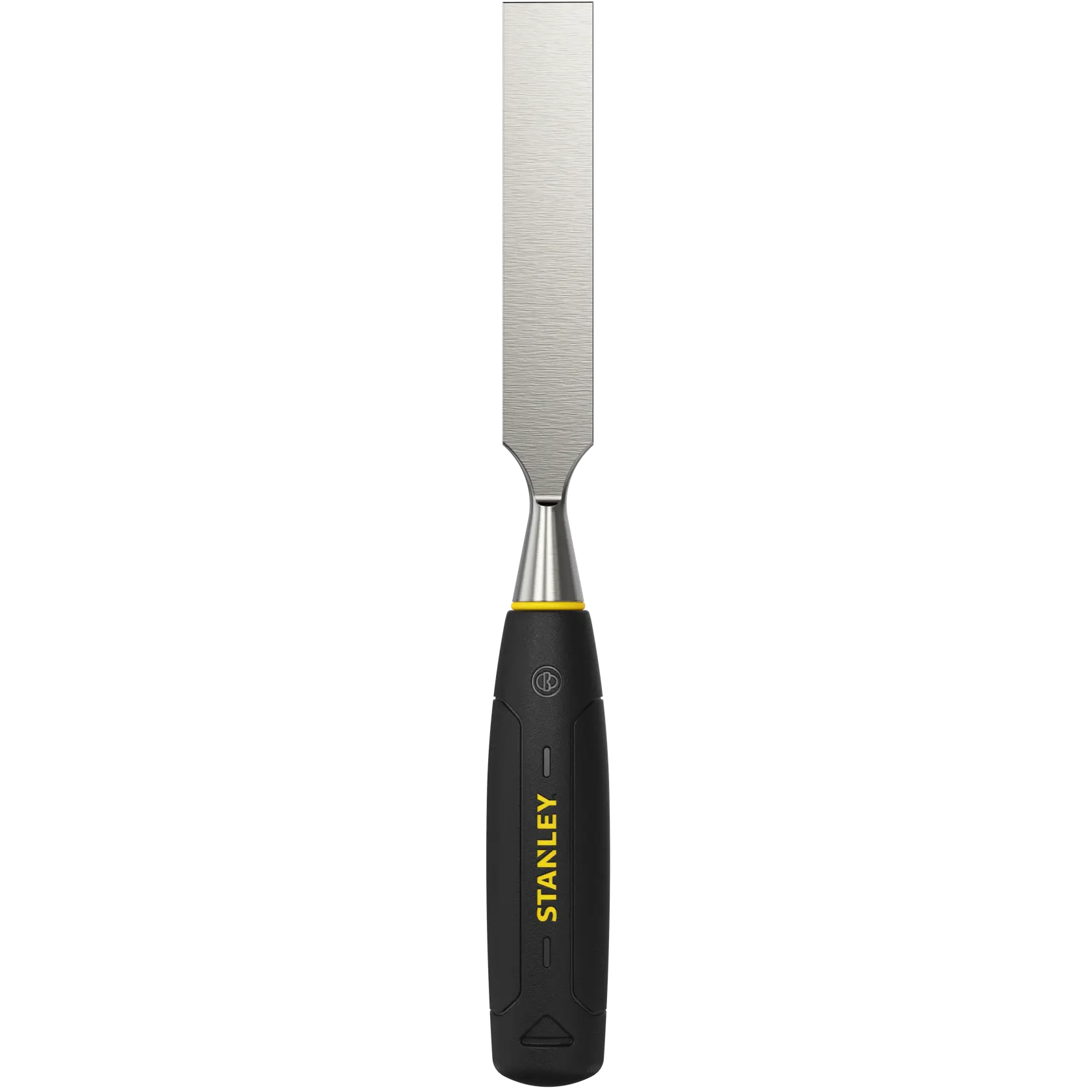 STANLEY 0-16-549 woodworking chisel with black and yellow handle, front angle on white background.