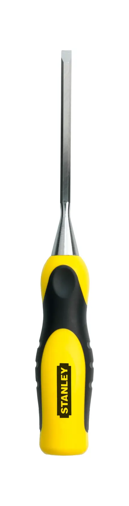 Photo of STANLEY 0-16-870 chisel with yellow and black ergonomic handle, front view on white background.