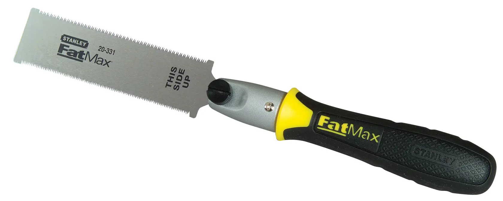 STANLEY 0-20-331 FatMax fine-tooth folding saw with black and yellow ergonomic handle, side view on white background.