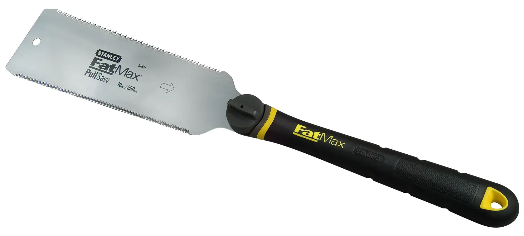 STANLEY 0-20-501 hand pull saw with black and yellow handle, side view on white background.