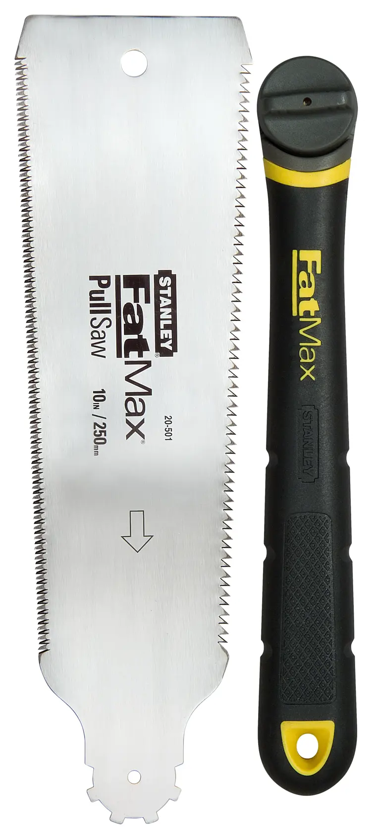 STANLEY 0-20-501 pull saw blade and black FatMax handle, front angle on white background.
