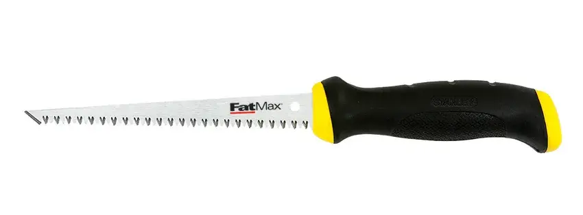 STANLEY 0-20-556 drywall saw with black and yellow ergonomic handle, side view on white background.