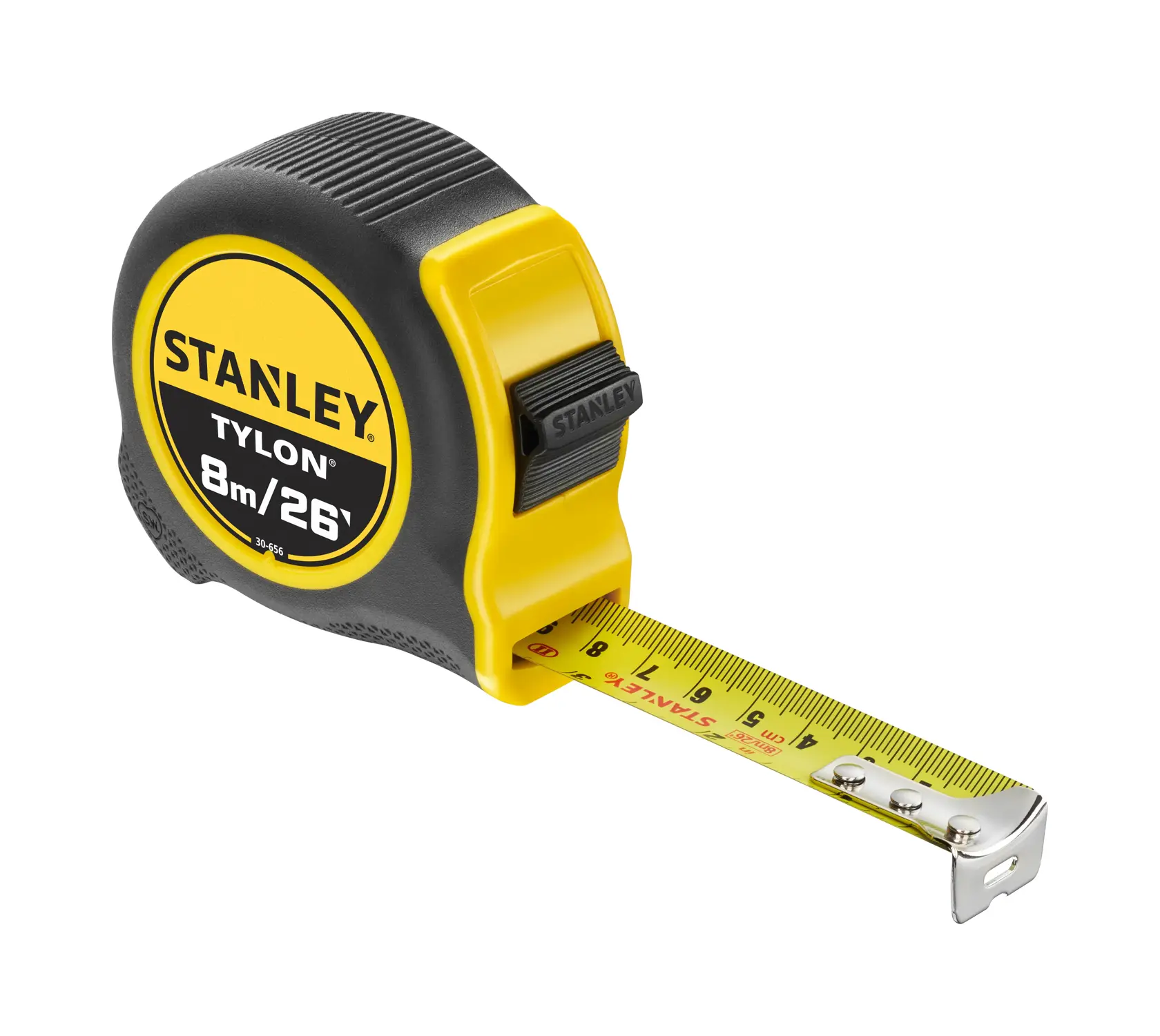 STANLEY 0-30-656 tape measure, yellow and black, side angle on white background, extended blade visible.