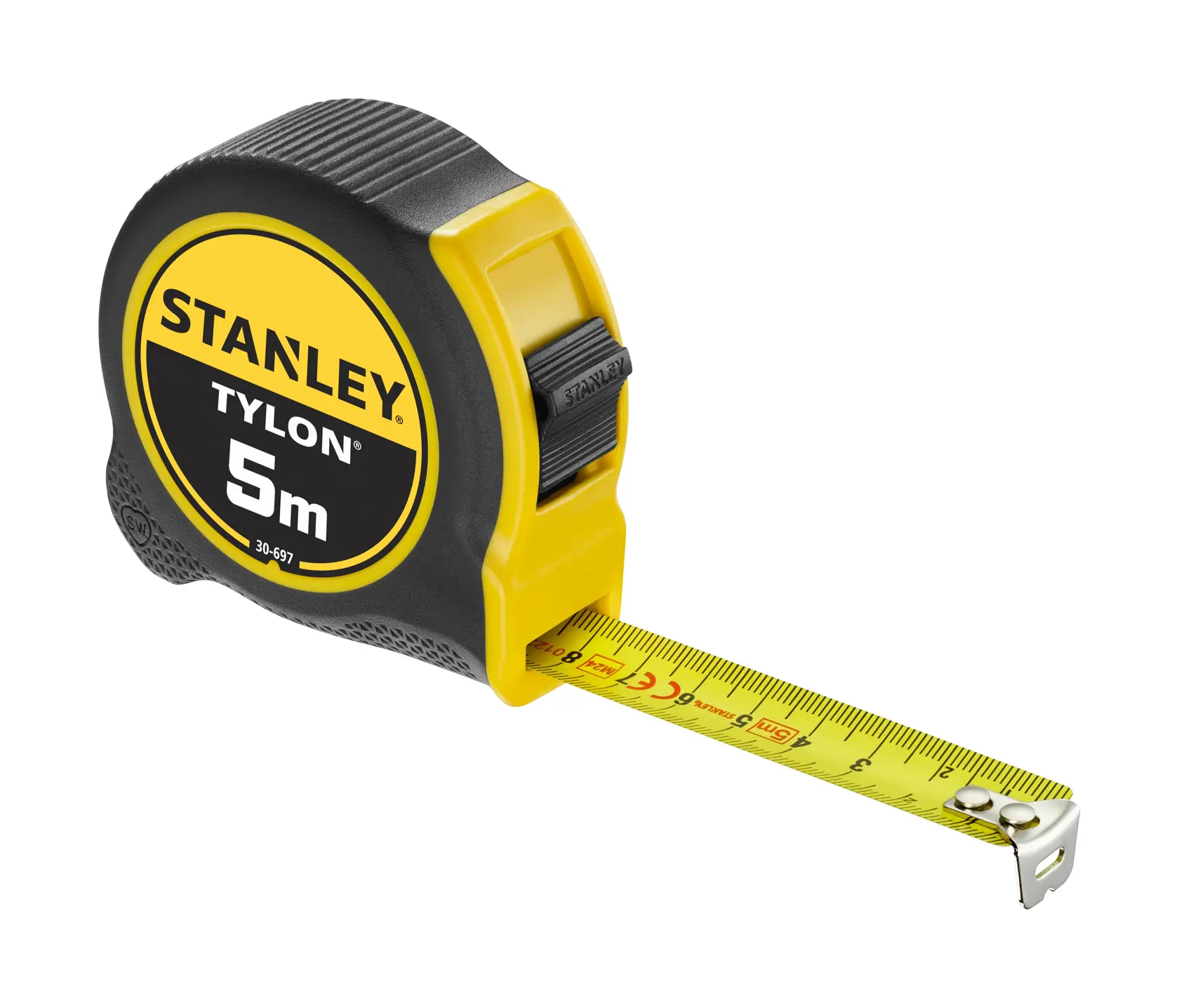 STANLEY 0-30-697 tape measure, yellow and black, 5m, side angle, extended blade, photography.