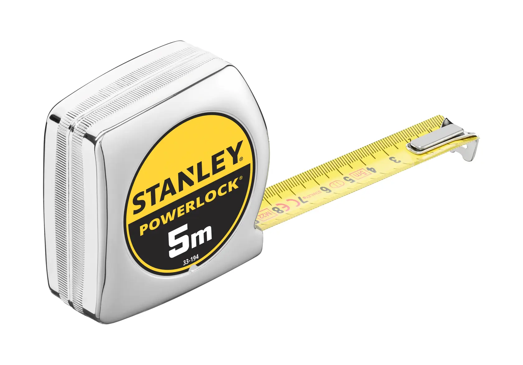 STANLEY 0-33-194 tape measure, silver and yellow, 5m, side angle, extended yellow blade.