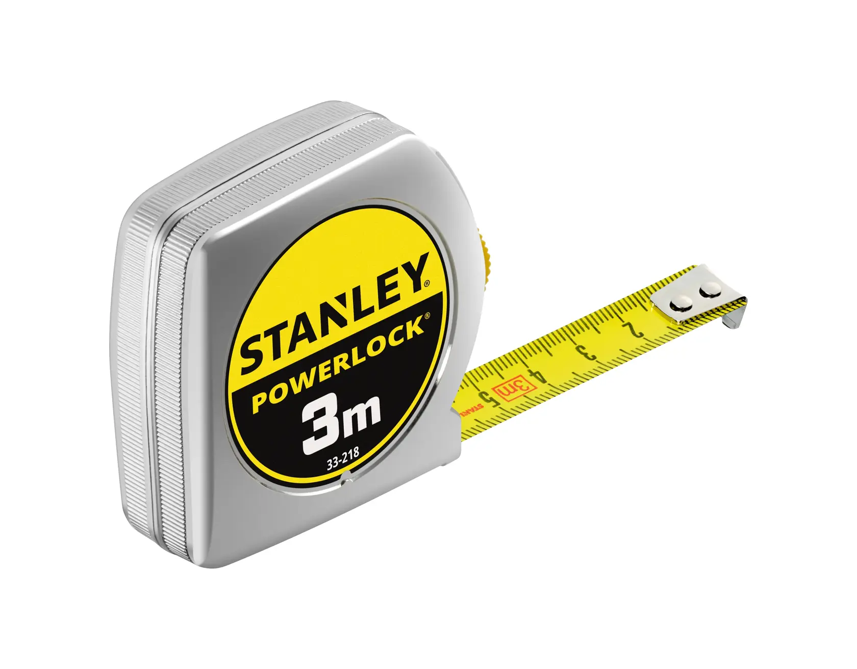 STANLEY 0-33-218 PowerLock tape measure, 3m, silver casing, front angle, yellow marked blade