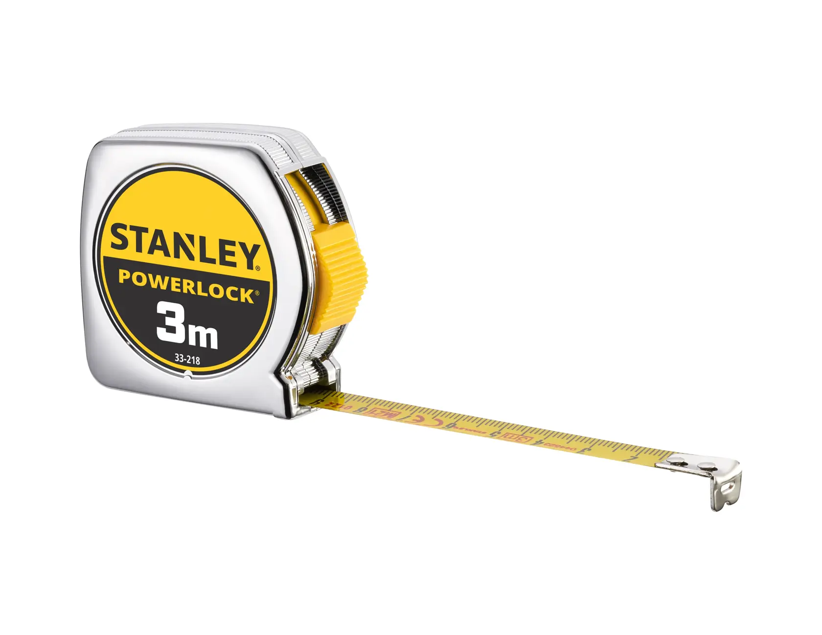 STANLEY 0-33-218 tape measure, PowerLock, 3m, yellow and silver, side angle on white background.