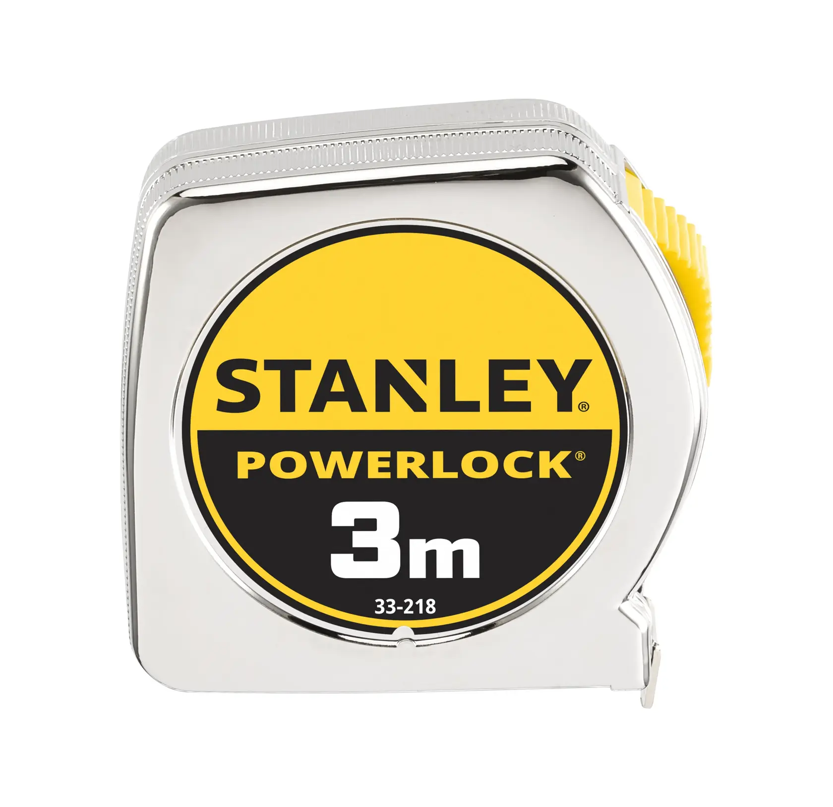 Photo of STANLEY 0-33-218 PowerLock 3m tape measure, silver case, front angle on white background.
