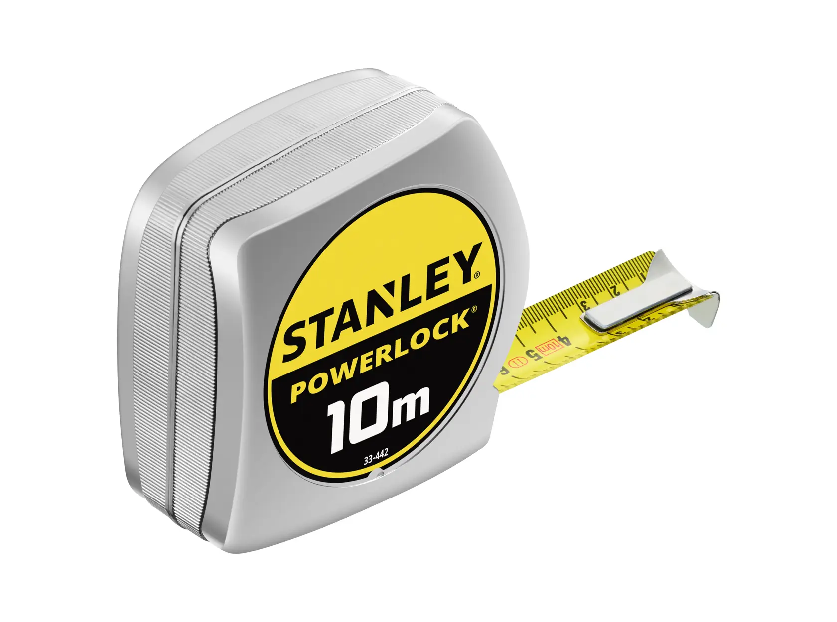 STANLEY 0-33-442 PowerLock tape measure, silver casing, yellow 10m tape, side angle, white background.