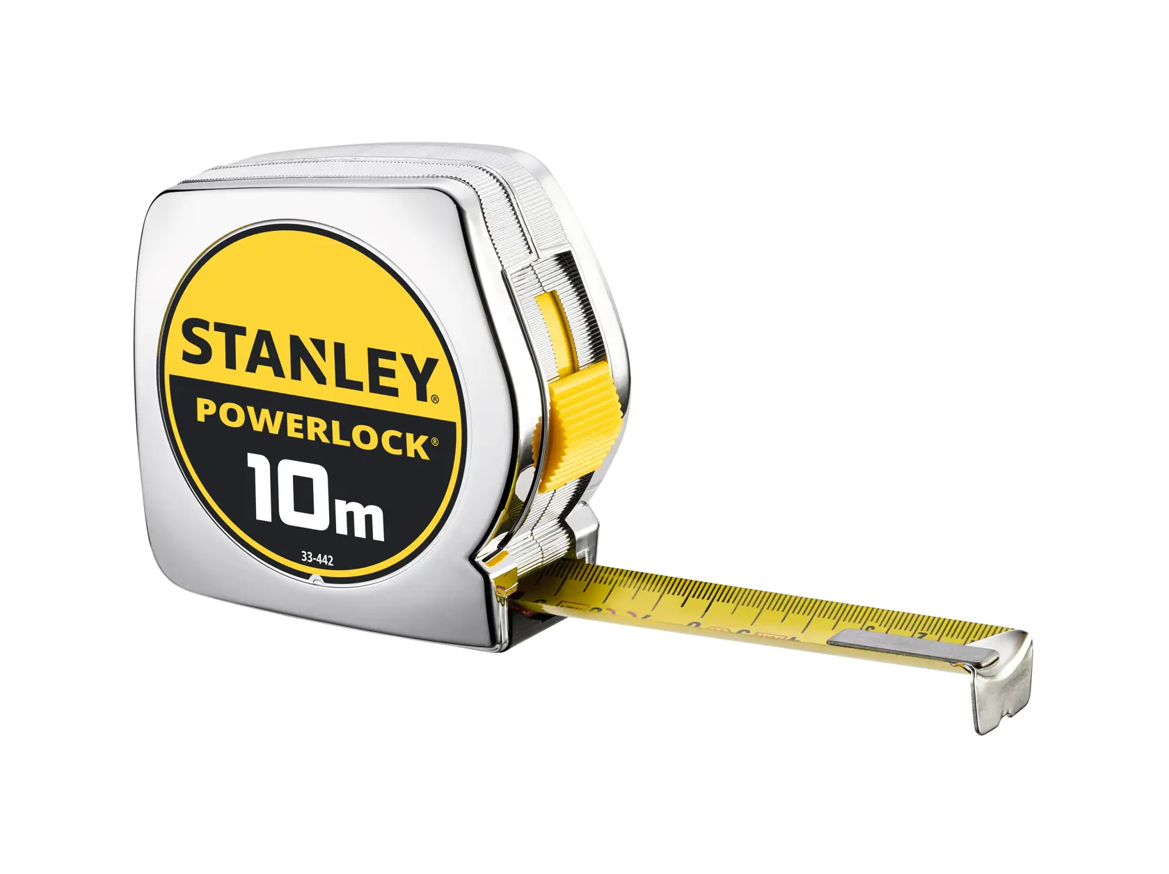 Photo of STANLEY 0-33-442 tape measure with chrome case, yellow blade, PowerLock branding, angled on white background.