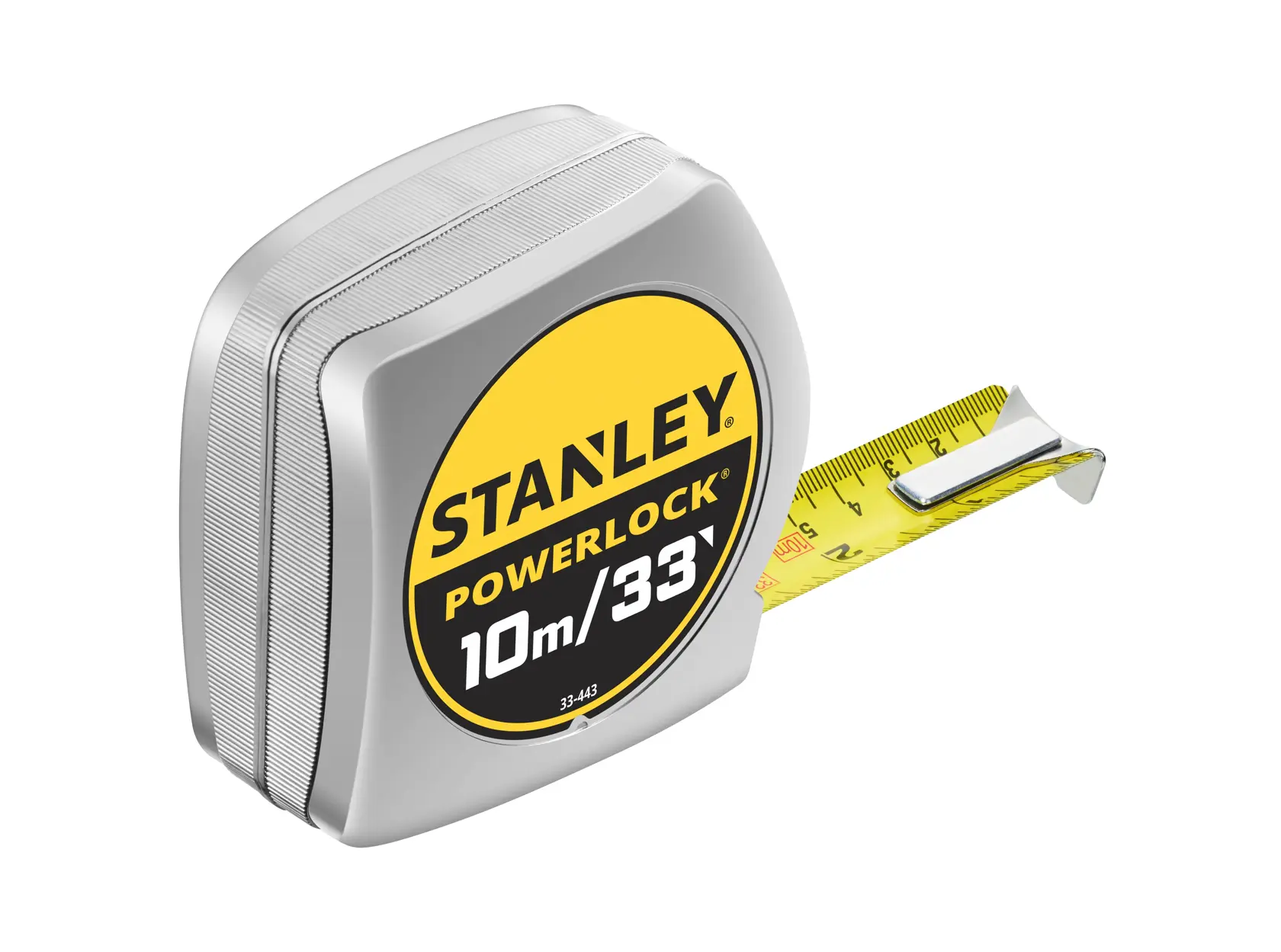 STANLEY 0-33-443 PowerLock tape measure, 10m/33ft, silver and yellow, front angle, white background.