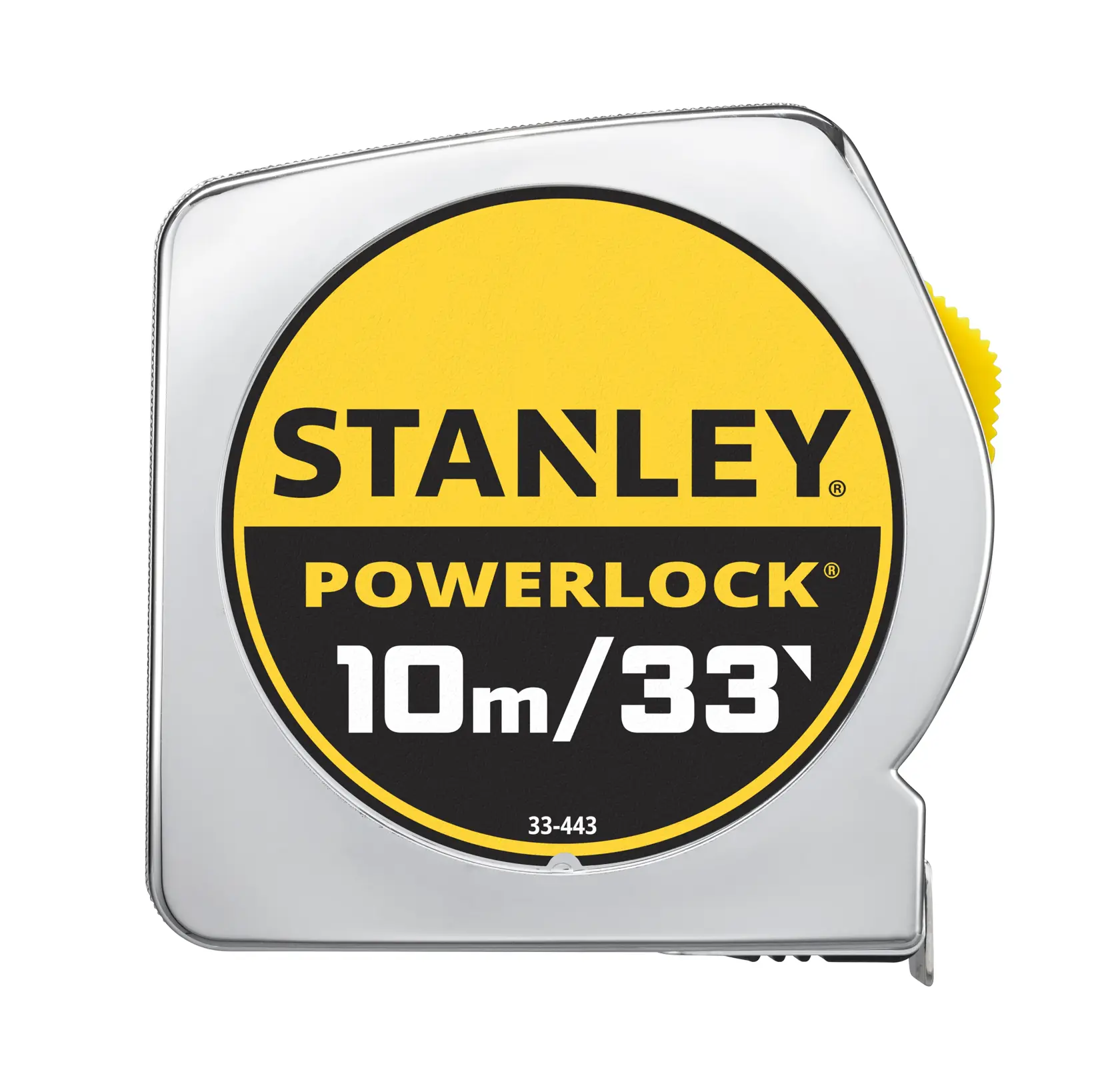 Photo of STANLEY 0-33-443 PowerLock 10m/33ft tape measure, front angle, silver case, yellow and black label.