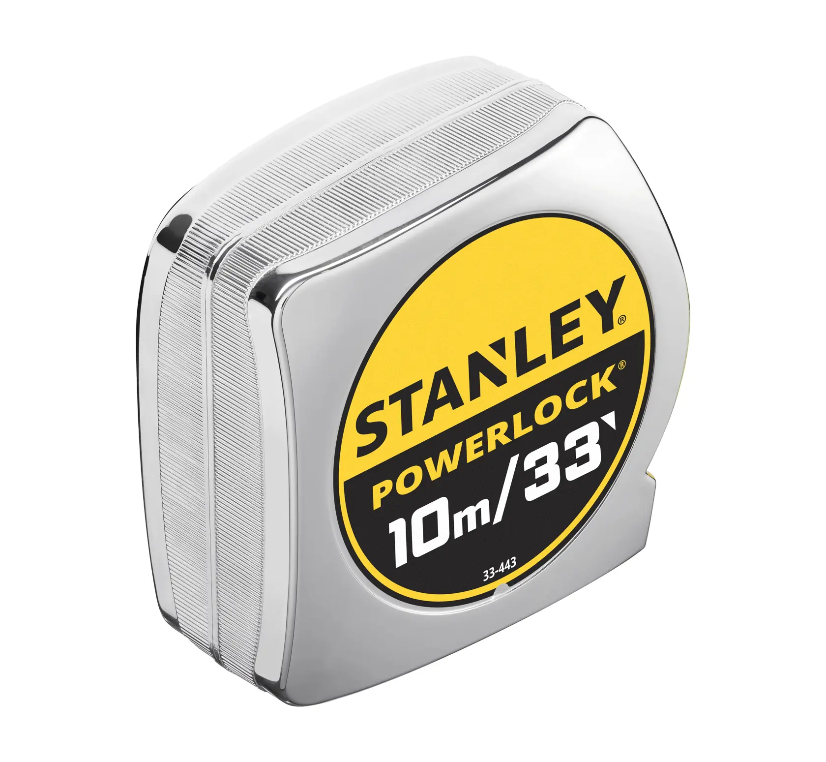 STANLEY 0-33-443 tape measure, PowerLock, 10m/33ft, chrome case, front angle, product photography.