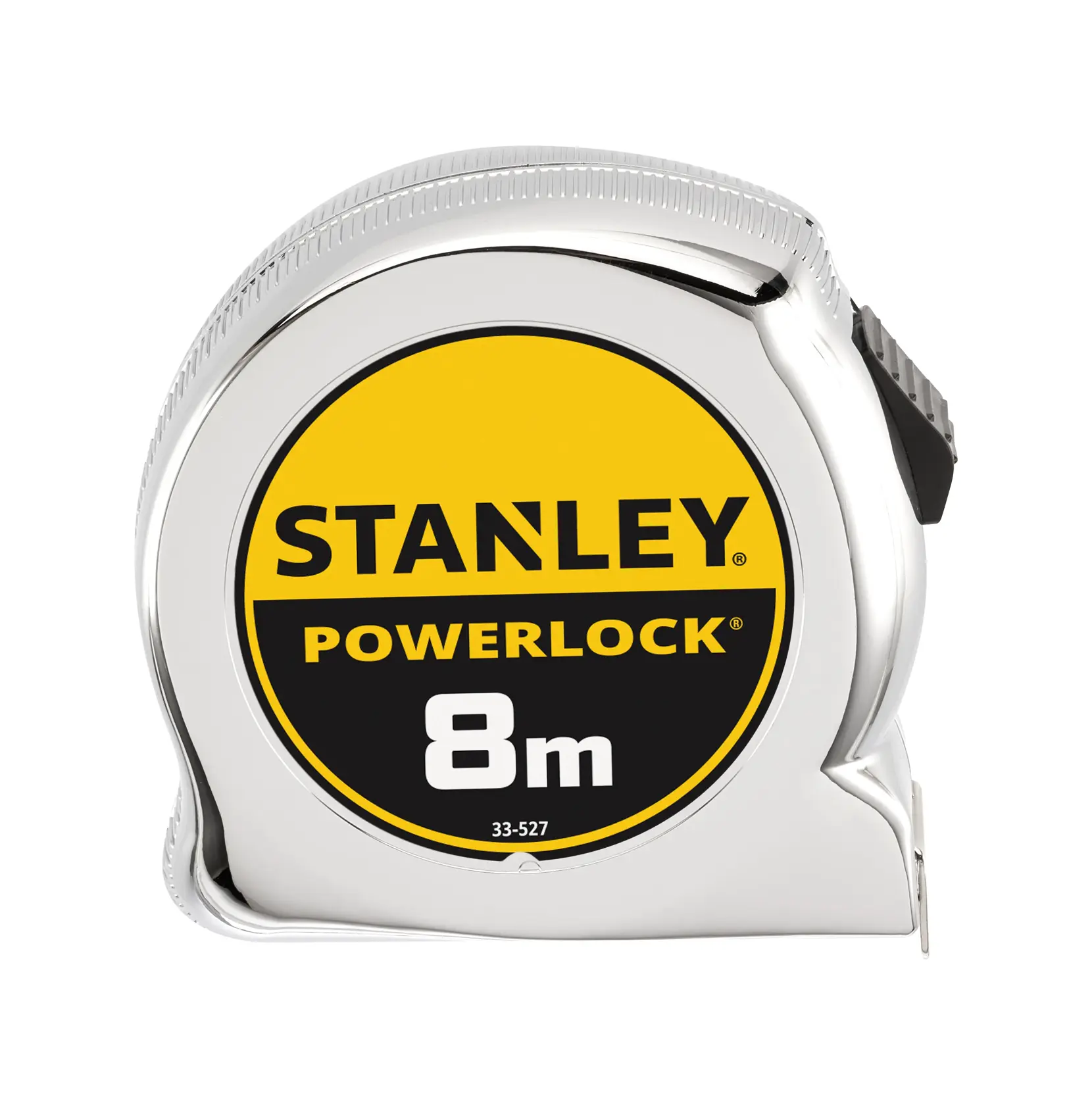 STANLEY 0-33-527 PowerLock Blade Armor 8m tape measure, product side view on white background.
