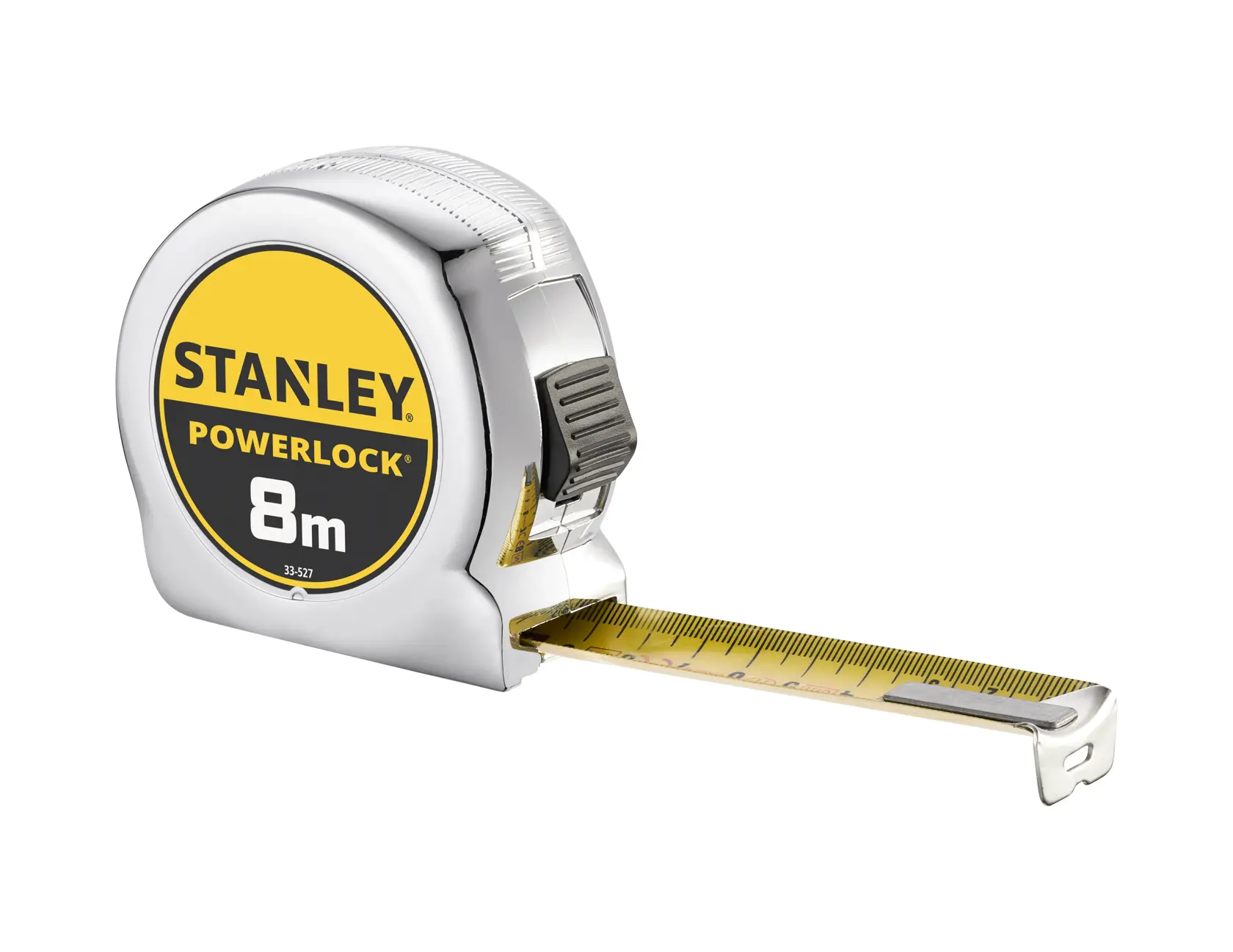 STANLEY 0-33-527 PowerLock tape measure, silver and yellow, front angle, with extended blade.