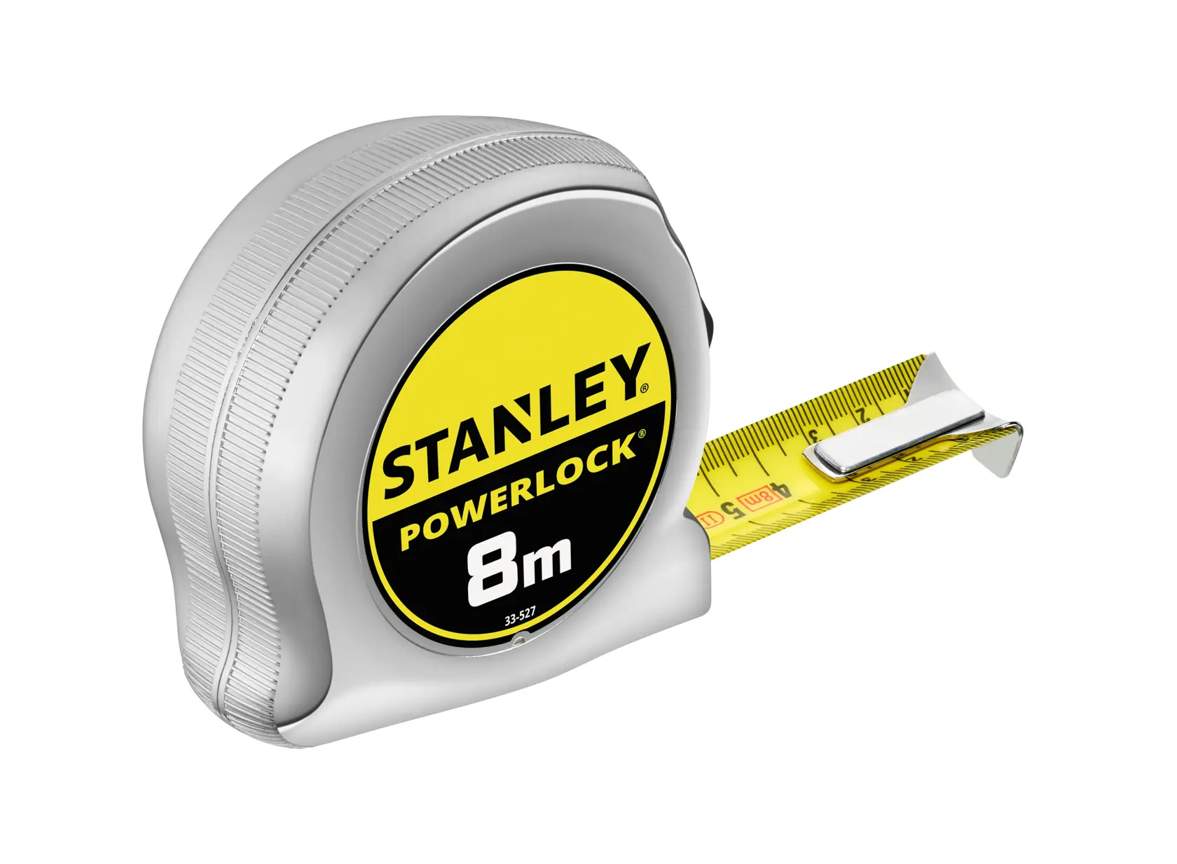 STANLEY 0-33-527 PowerLock tape measure with Blade Armor, 8m, side angle on white background.