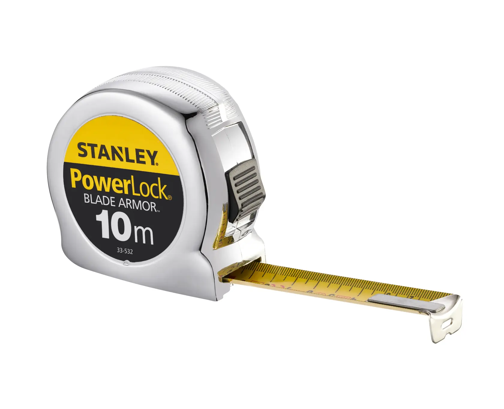 STANLEY 0-33-532 tape measure, chrome body, yellow 10m blade, PowerLock Blade Armor, front angle on white background.