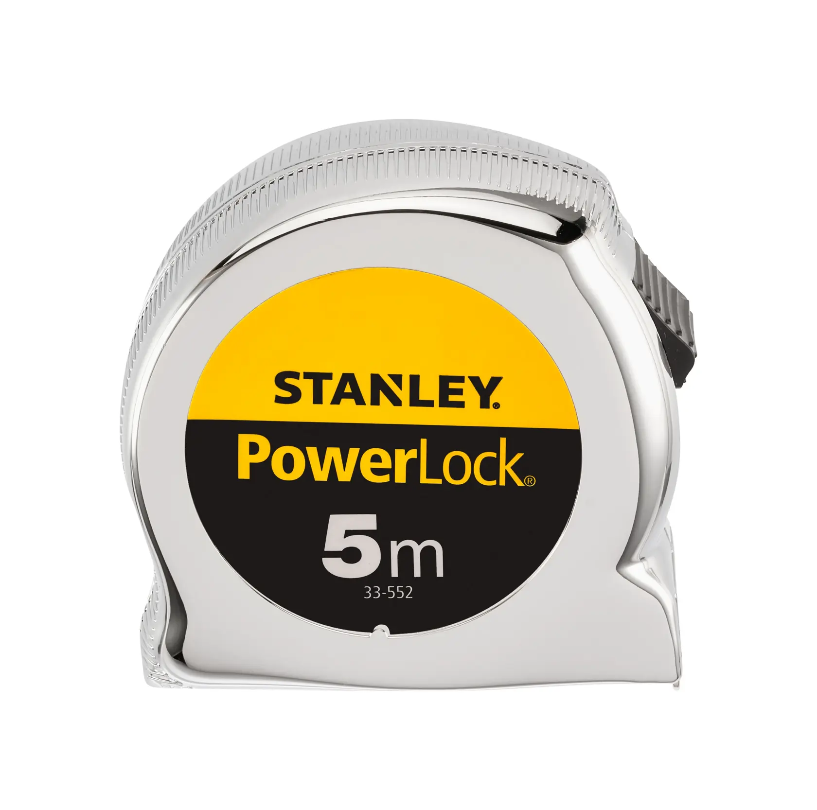 STANLEY 0-33-552 Bandmaß, PowerLock Serie, 5m Länge, silbernes Gehäuse, Vorderansicht auf weißem Hintergrund.