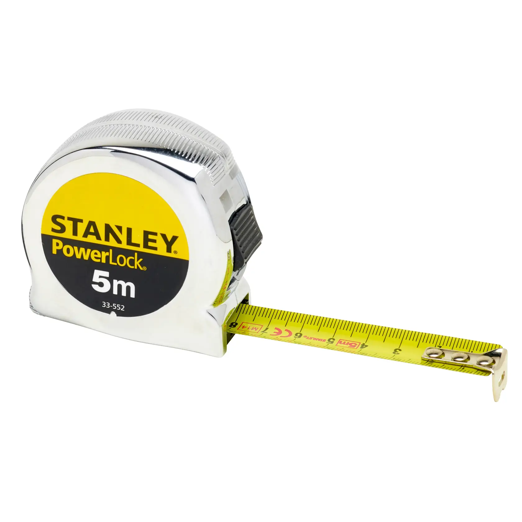 STANLEY PowerLock 5m Bandmaß 0-33-552, Frontansicht, gelbes Band ausgezogen, verchromtes Gehäuse.