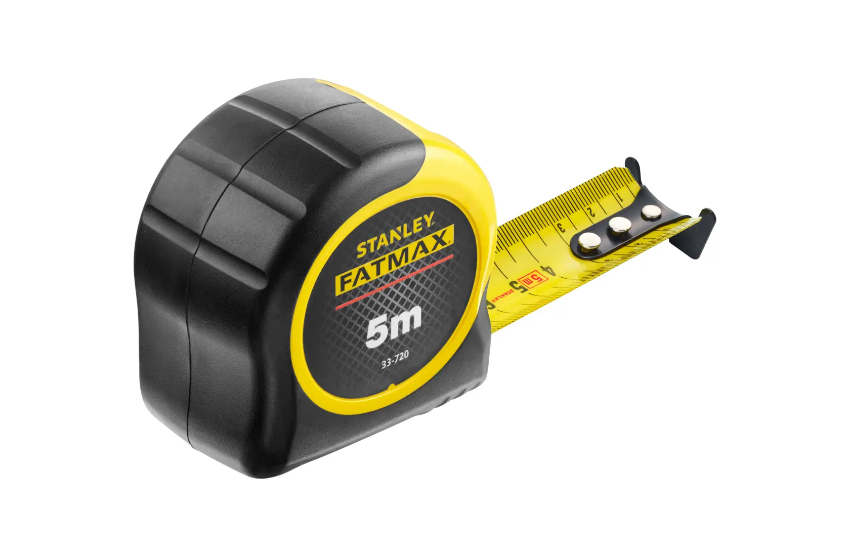 Stanley 0-33-720 tape measure, FATMAX 5m, yellow and black, side angle photo on white background.