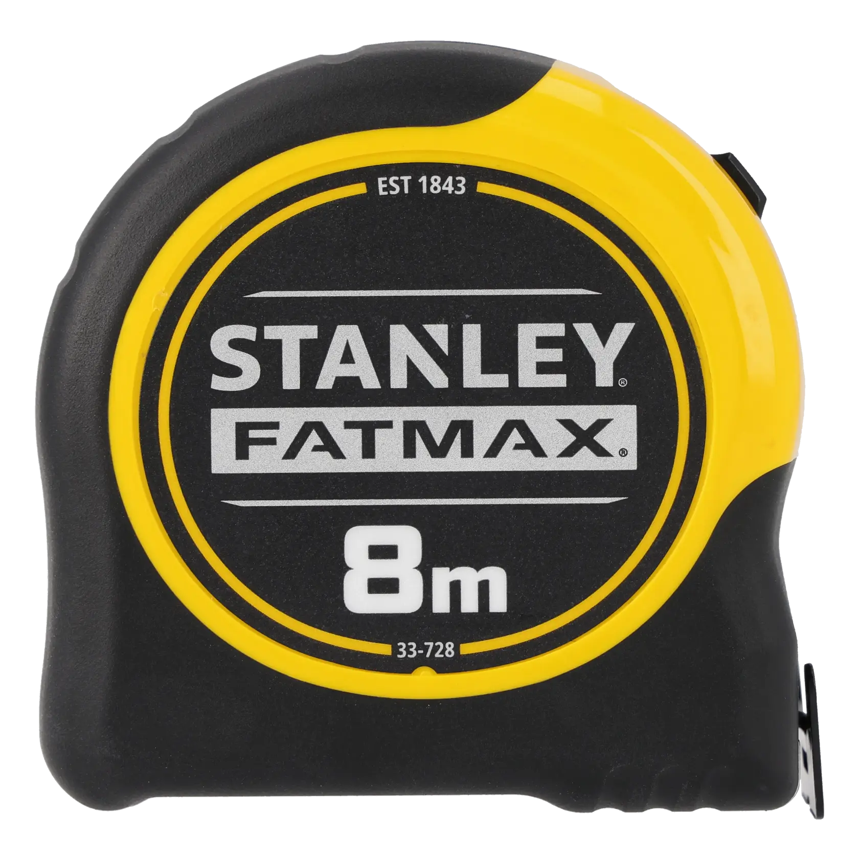 Stanley 0-33-728 tape measure, FATMAX series, black and yellow casing, front angle, 8 meter length.