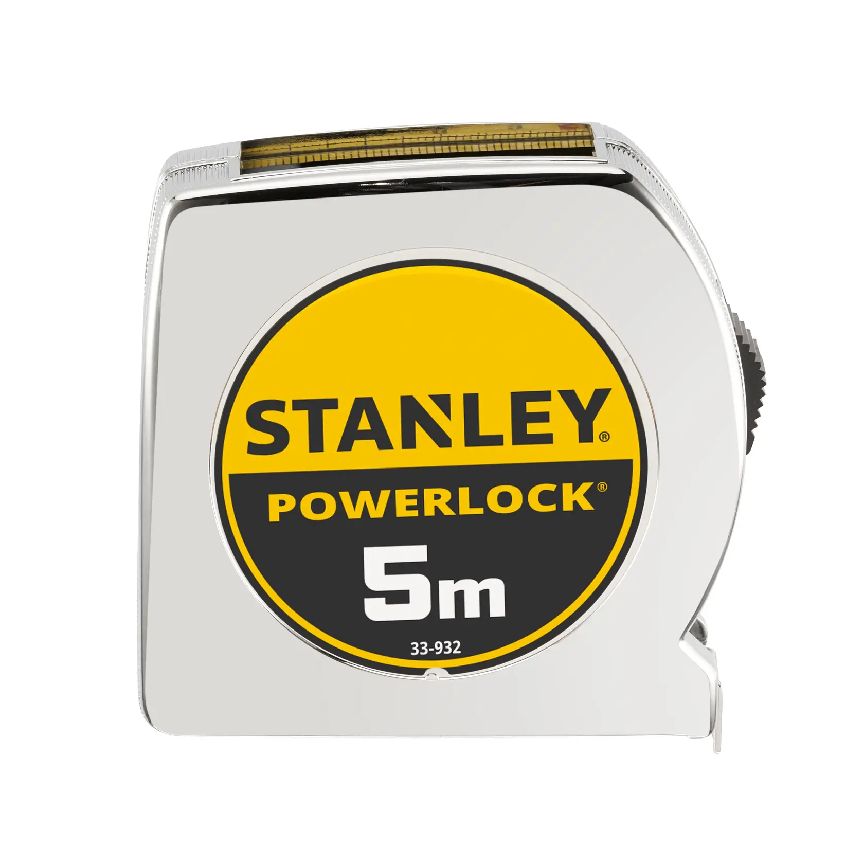 Foto des STANLEY 0-33-932 PowerLock 5m Maßbands, Vorderansicht, silbernes und gelbes Gehäuse.