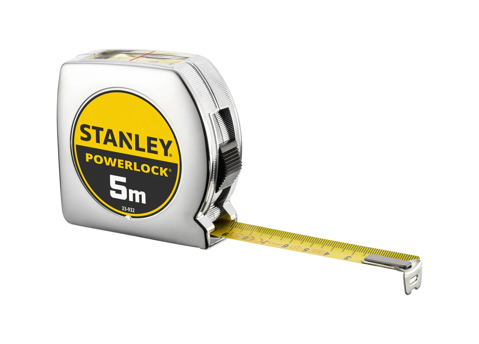 Foto des STANLEY 0-33-932 Maßbands, 5m PowerLock Modell, gelbes Band, Chromgehäuse, schräge Ansicht.